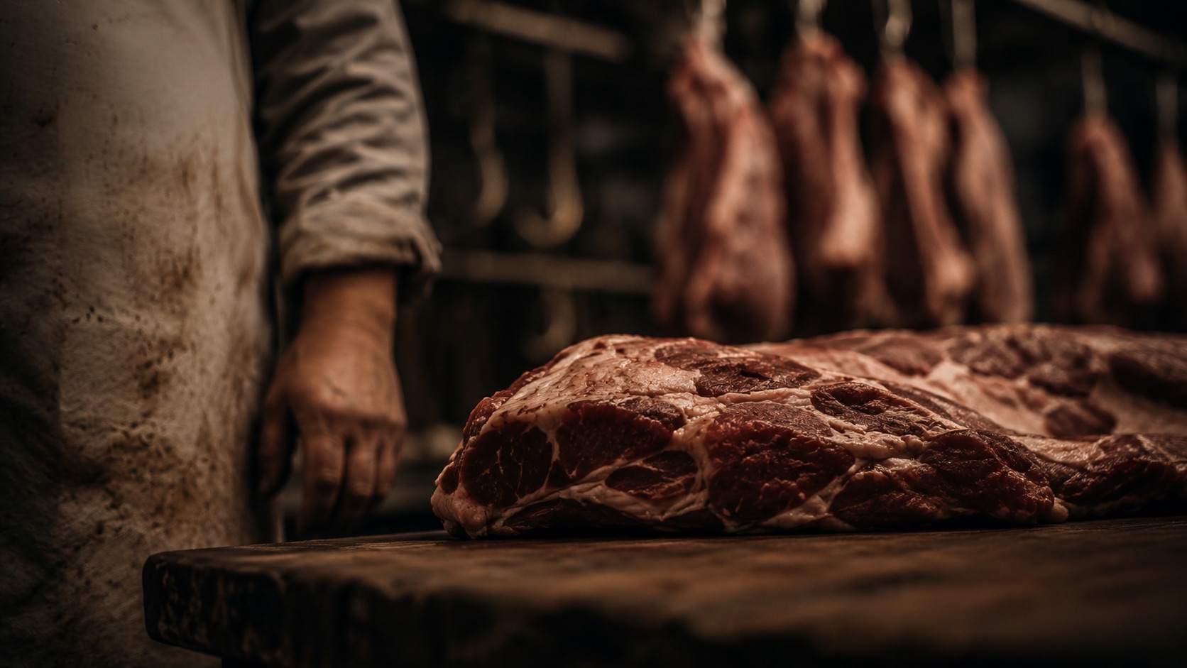 Meat on a table in a slaughterhouse, matching an essay on conformity and herd mentality.